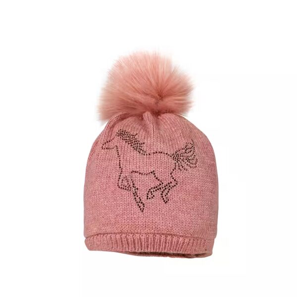 Knitted hat MINI GIRL hat, "horse" rhinestones, faux fur pompom, full lining