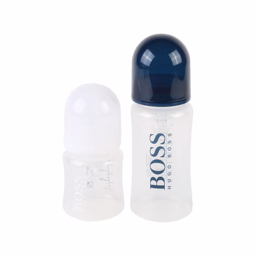 Hugo Boss designer baby bottles, set of 2 with logo in blue and white