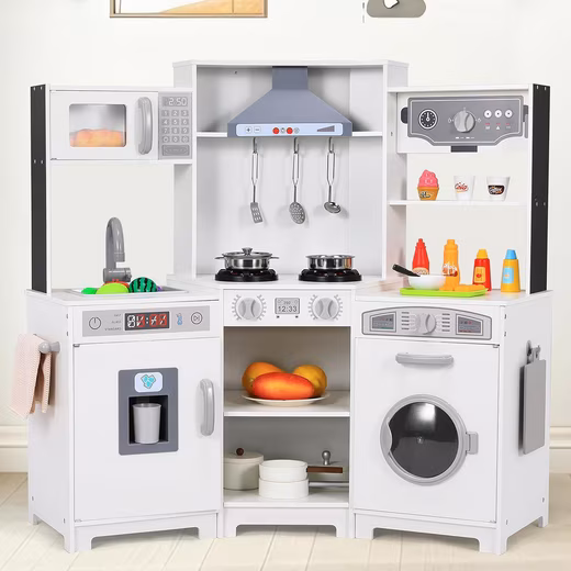 Children's kitchen set, wooden play kitchen, XXL toy kitchens (102x30x92 cm), play kitchen with sound and light, including play accessories