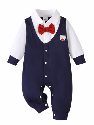 Romper Autumnal jumpsuit with red bow tie for baby boy in gentleman style