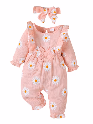 Romper Baby Long Sleeve Outfit Set, Bodysuit with Ruffles and Daisy Pattern