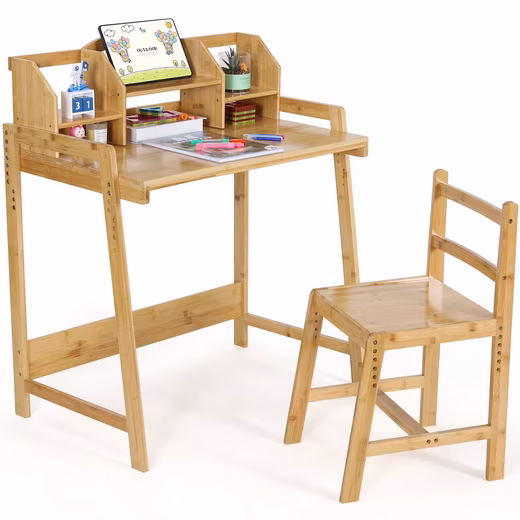 Children's Desk Height Adjustable, Bamboo Wooden Desk with Chair