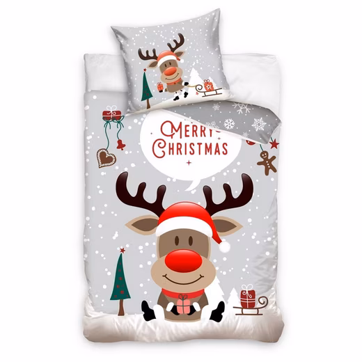 Christmas bedding "Red-nosed reindeer" Merry Christmas Winter bedding Percale, 2-piece set, 135x200 + 80x80 cm, 100% cotton percale