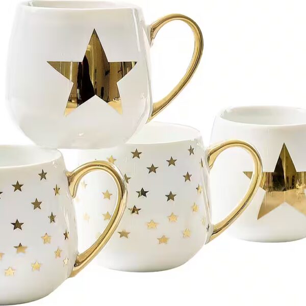 Cup GOLD STAR Porcelain, two different golden star decors sorted in a set, 4 pieces