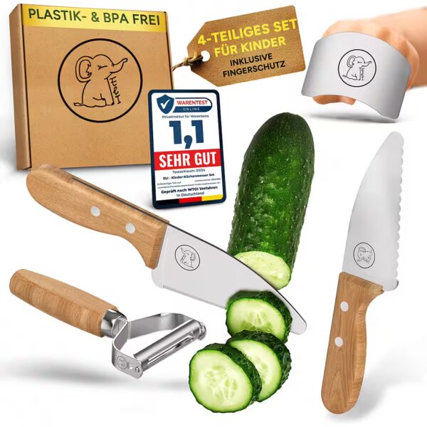 Children's chef's knife, kitchen knife, children's set including cutting board, peeler and finger protection