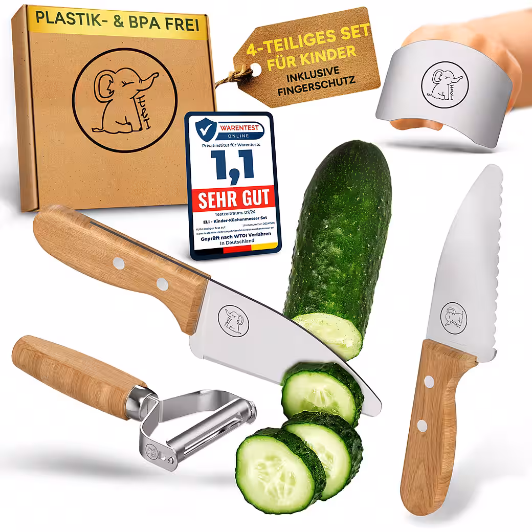 Children's chef's knife, kitchen knife, children's set including cutting board, peeler and finger protection