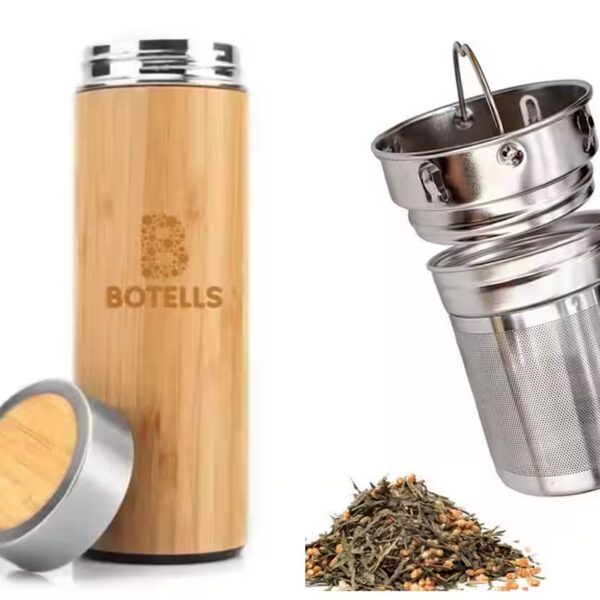 Thermal bottle insulating bottle bamboo & stainless steel, tea strainer, 500 ml, leak-proof food grade stainless steel, sustainable resource saving, 0.5l