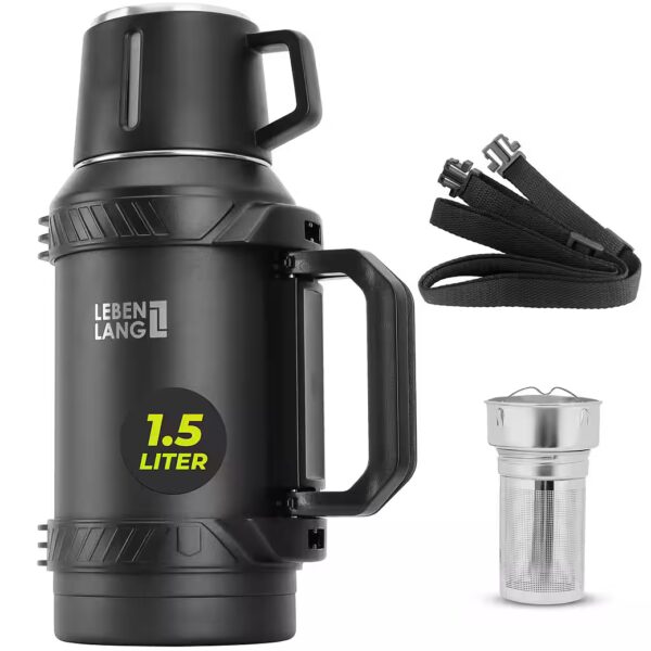 Thermos flask, insulated bottle, 1.5 liters - keeps hot & cold for 24 hours - includes cup & tea strainer