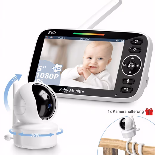 Video baby monitor with camera, extra large 5-inch 1080P HD display With stand, Smart VOX mode, room temperature monitoring, 1-piece, two-way talk function, 4X zoom, night vision, baby monitor without Wi-Fi, an ideal gift for parents caring for a baby.