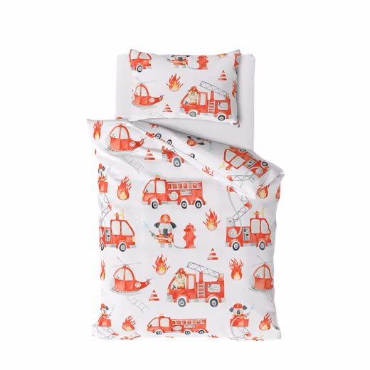 Baby bedding Little Hero • 100x135 + 40x60 cm • Fire engine 100% cotton, 2-piece set, percale • Fire truck • White • Red - Image 2