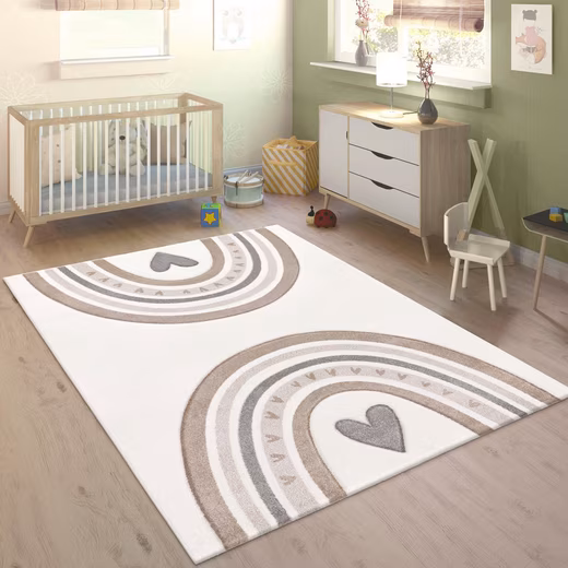 Children's rug Cosmos 351 rectangular, height: 16 mm, short pile, play rug, rainbow & heart motif, children's room