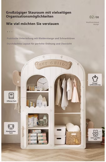 Children's wardrobe beige-light brown, 132x115x53cm, with clothes rail, shoe rack, curtain - Image 3
