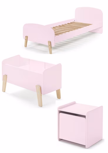 Youth bedroom set, children's bedroom set, Kirlynn 3-bed room set, bed, chest of drawers, toy box, wood+MDF, pink