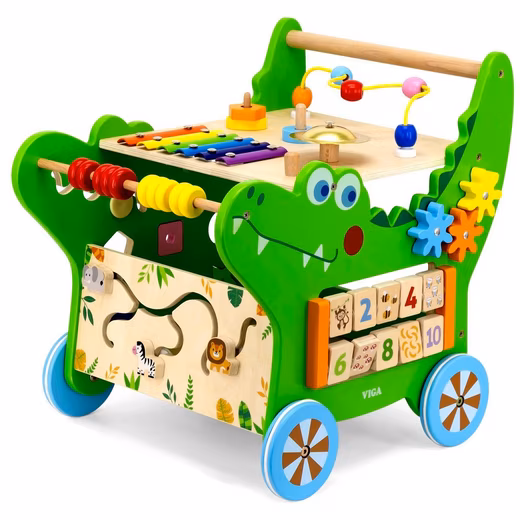 Baby activity walker, baby walker, motor skills board (with xylophone, bell, stacking game, motor skills play table on wheels with shape sorter, motor skills loop), made of FSC wood, with rubber running rings and motor skills toys, motor skills cube