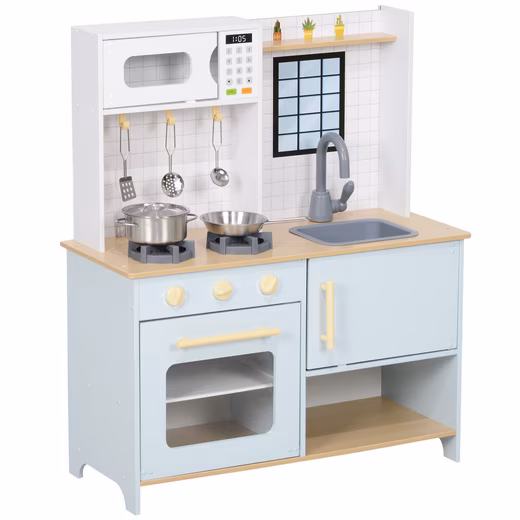 Play kitchen, children's kitchen with microwave, stove, oven and kitchen accessories MDF, stainless steel, for children aged 3+, blue