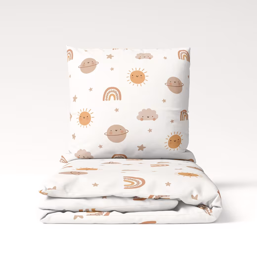 Boho Dreams children's bedding 135x200 + 80x80 cm in percale, white/beige 100% cotton, 2-piece, heavenly bedding set with sun, rainbow, planet, cloud