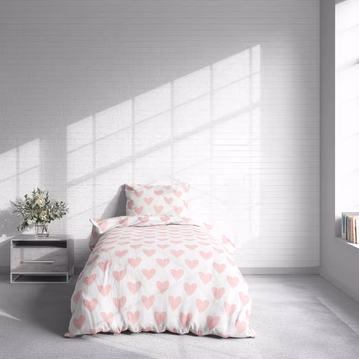 Children's bed linen Amelie, Mako satin in 135x200 + 80x80 cm 100% cotton, 2-piece bedding set with hearts, soft, gentle, pink and white, reversible design