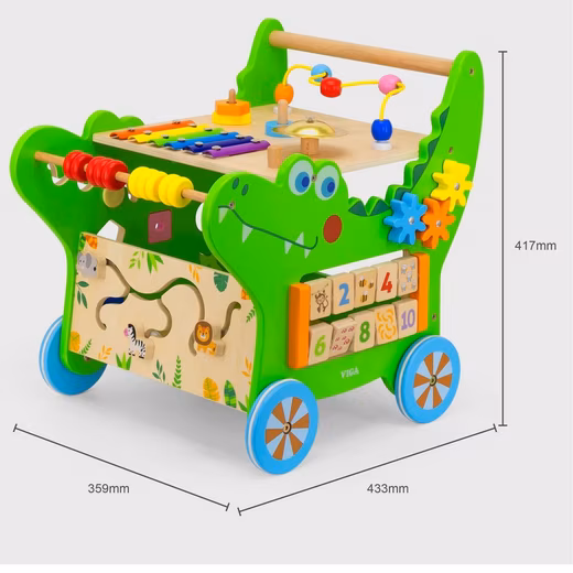 Baby activity walker, baby walker, motor skills board (with xylophone, bell, stacking game, motor skills play table on wheels with shape sorter, motor skills loop), made of FSC wood, with rubber running rings and motor skills toys, motor skills cube - Image 3