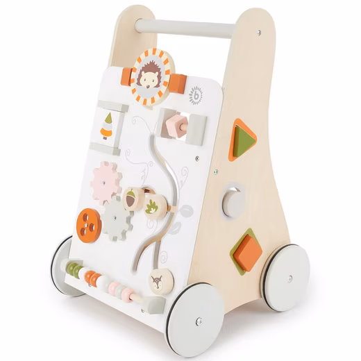 Bieco Wooden Baby Walker, suitable for ages 1 and up. Multifunctional baby walker to promote motor skills. Baby walking aid with rubber tires. Activity walker for babies.