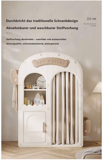 Children's wardrobe beige-light brown, 132x115x53cm, with clothes rail, shoe rack, curtain - Image 5