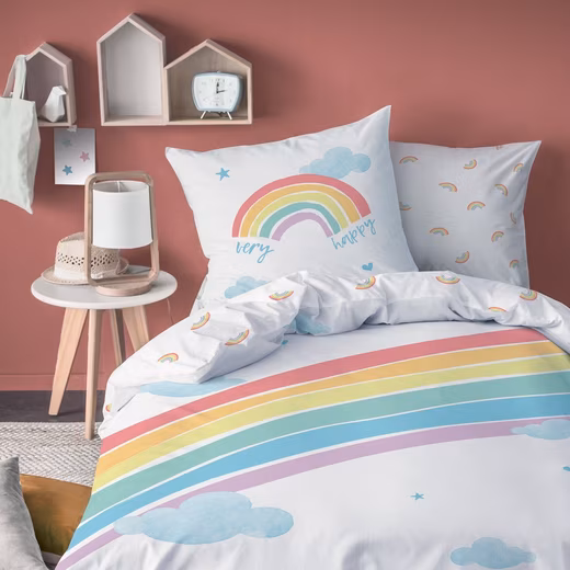 Rainbow bedding set 135x200 + 80x80 cm, 100% cotton Renforcé, 2-piece, Happy Rainbow children's bedding with clouds, hearts & stars