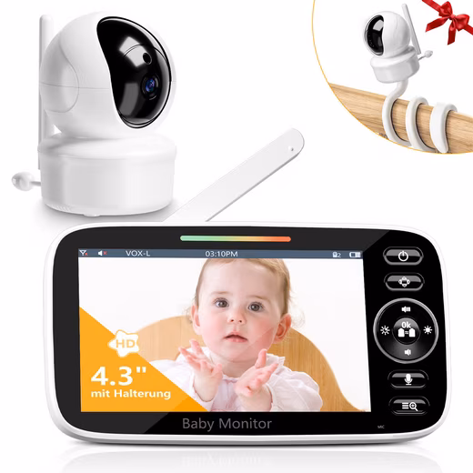 Video baby monitor with camera, 4.3" HD display, baby monitor with stand and VOX mode Room temperature monitoring, two-way talk function, 2x zoom, 1-piece design, infrared night vision, breastfeeding reminder, baby monitor without Wi-Fi, protects the baby's privacy and safety