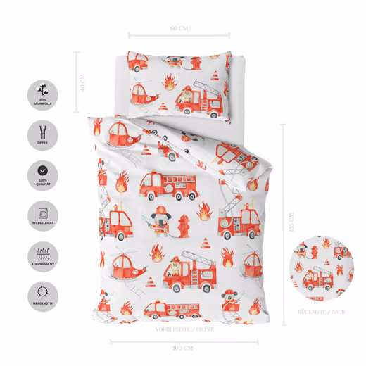 Baby bedding Little Hero • 100x135 + 40x60 cm • Fire engine 100% cotton, 2-piece set, percale • Fire truck • White • Red - Image 4