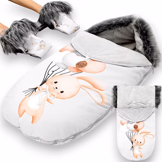Baby sleeping bag/footmuff/stroller/winter bag 90x45 cm with mittens/rabbit print