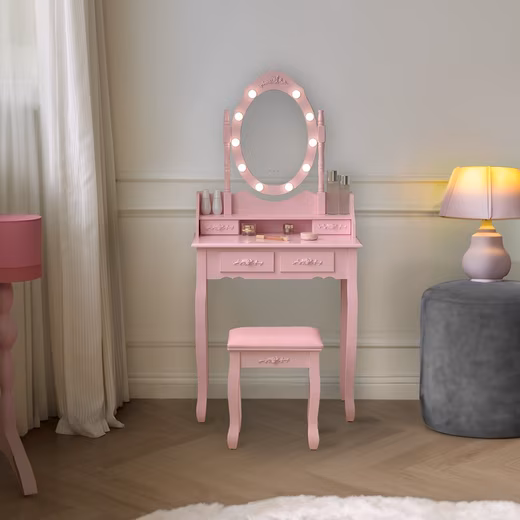 ROSY dressing table - 149 x 71 x 40 cm  (incl. stool & mirror), adjustable LED lighting & storage space, dressing table