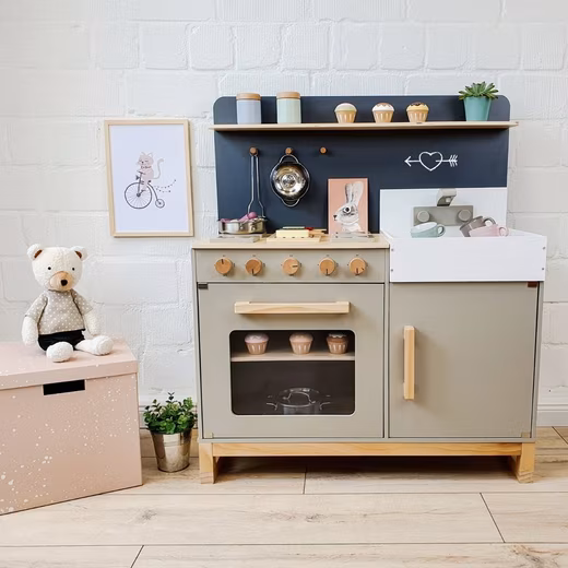 Linum play kitchen, warm grey/natural Wood