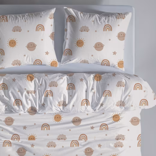 Boho Dreams children's bedding 135x200 + 80x80 cm in percale, white/beige 100% cotton, 2-piece, heavenly bedding set with sun, rainbow, planet, cloud - Image 2