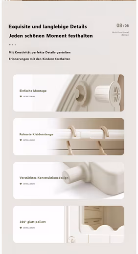 Children's wardrobe beige-light brown, 132x115x53cm, with clothes rail, shoe rack, curtain - Image 9