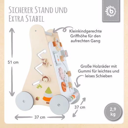 Bieco Wooden Baby Walker, suitable for ages 1 and up. Multifunctional baby walker to promote motor skills. Baby walking aid with rubber tires. Activity walker for babies. - Image 4