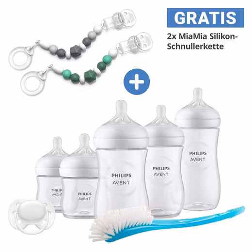 Baby bottle newborn starter set natural 7-piece set: 5 baby bottles, pacifiers, bottle brush & pacifier chain