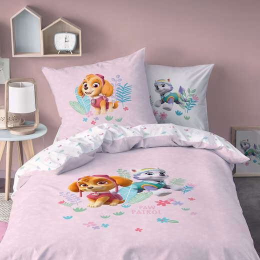 Paw Patrol children's bedding, flannel/flannel, in 135x200 + 80x80 cm 100% cotton, 2-piece set, Skye & Everest, cuddly and soft, pink, girls
