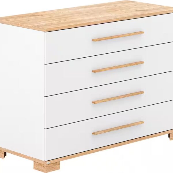 Yolanda Wrap Dresser in White with Oak Decor, 4 Drawers with Softclose