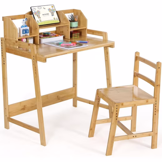 Children's Desk Children's Desk Height Adjustable with Chair Bamboo Storage Space