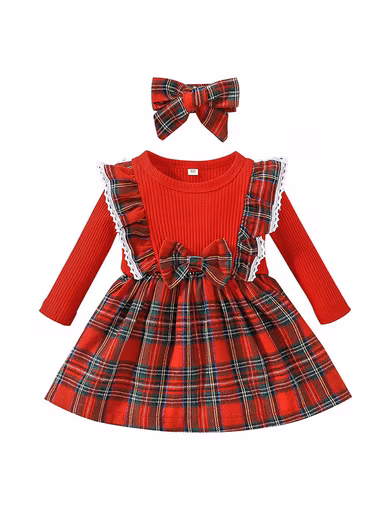 Party Dress Christmas Baby Girl Long Sleeve Plaid Dress with Ruffles & Headband