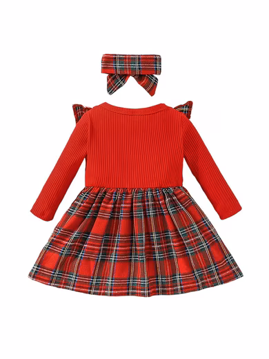 Party Dress Christmas Baby Girl Long Sleeve Plaid Dress with Ruffles & Headband - Image 2