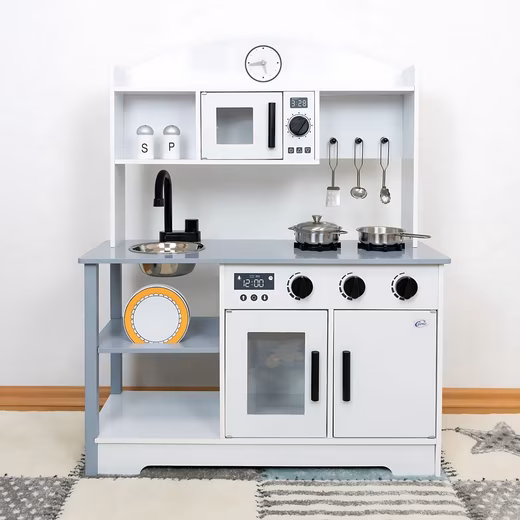 ELLA play kitchen Wooden, grey children's kitchen, wooden microwave, stove, sink, oven, 11-piece accessorie
