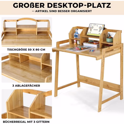 Children's Desk Children's Desk Height Adjustable with Chair Bamboo Storage Space - Image 6