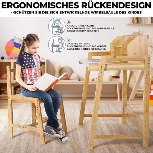 Children's Desk Children's Desk Height Adjustable with Chair Bamboo Storage Space - Image 7