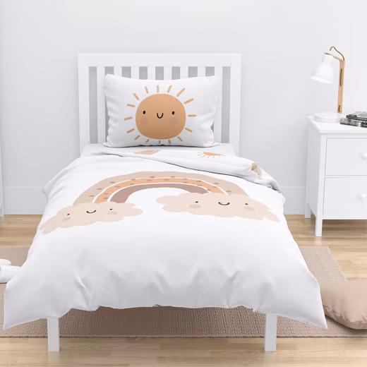 Baby bed linen Little Sunrise beaver/flannel in 100x135 + 40x60 cm, boho 100% cotton, 2-piece set, cozy and soft winter bedding, rainbows and sun, white