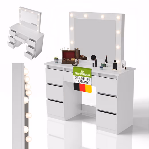 Talea dressing table (3-piece set), LED lighting, 3 brightness levels, modern, 7 drawers, storage space
