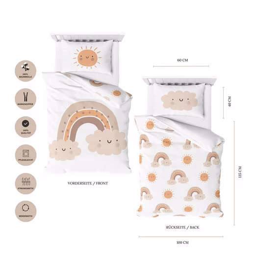 Baby bed linen Little Sunrise beaver/flannel in 100x135 + 40x60 cm, boho 100% cotton, 2-piece set, cozy and soft winter bedding, rainbows and sun, white - Image 4