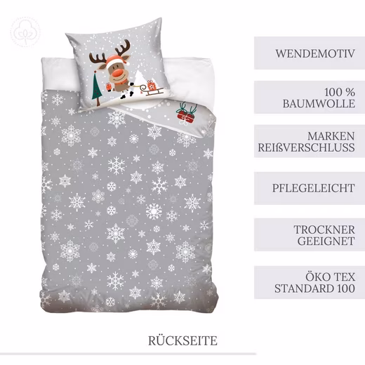 Christmas bedding "Red-nosed reindeer" Merry Christmas Winter bedding Percale, 2-piece set, 135x200 + 80x80 cm, 100% cotton percale - Image 4