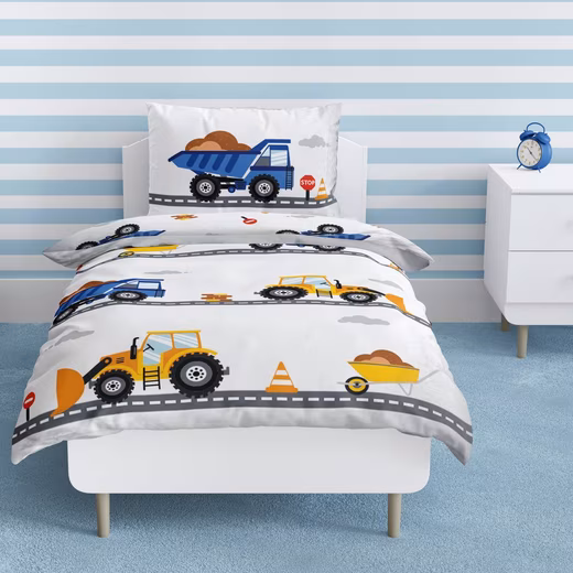 Baby bedding with excavator design, 100x135 + 40x60 cm, 100% cotton flannel Beaver, 2-piece set, vehicles, construction site children's bedding for babies and toddlers
