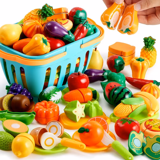 Play food, play food, children's toy, fruit cutting toy with basket (Educational toy with fruit, vegetables, pizza, and kitchen accessories, 75 pieces, role-playing toy with a toy knife and a pretty basket), gift idea for preschool children, girls and boys, ages 3 and up