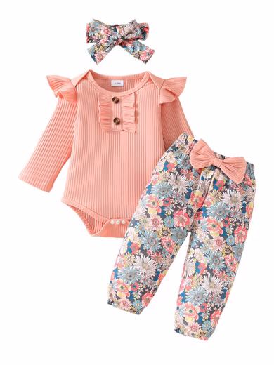 Long-sleeved shirt & trousers baby girl floral romper+trousers outfits ruffled basic leisure suit