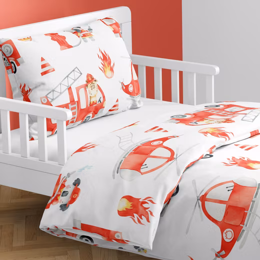 Baby bedding Little Hero • 100x135 + 40x60 cm • Fire engine 100% cotton, 2-piece set, percale • Fire truck • White • Red